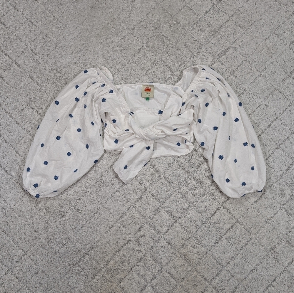 Farm Rio Top Womens S White Blue Flowers Embroidery Crop Puff Sleeve Beach